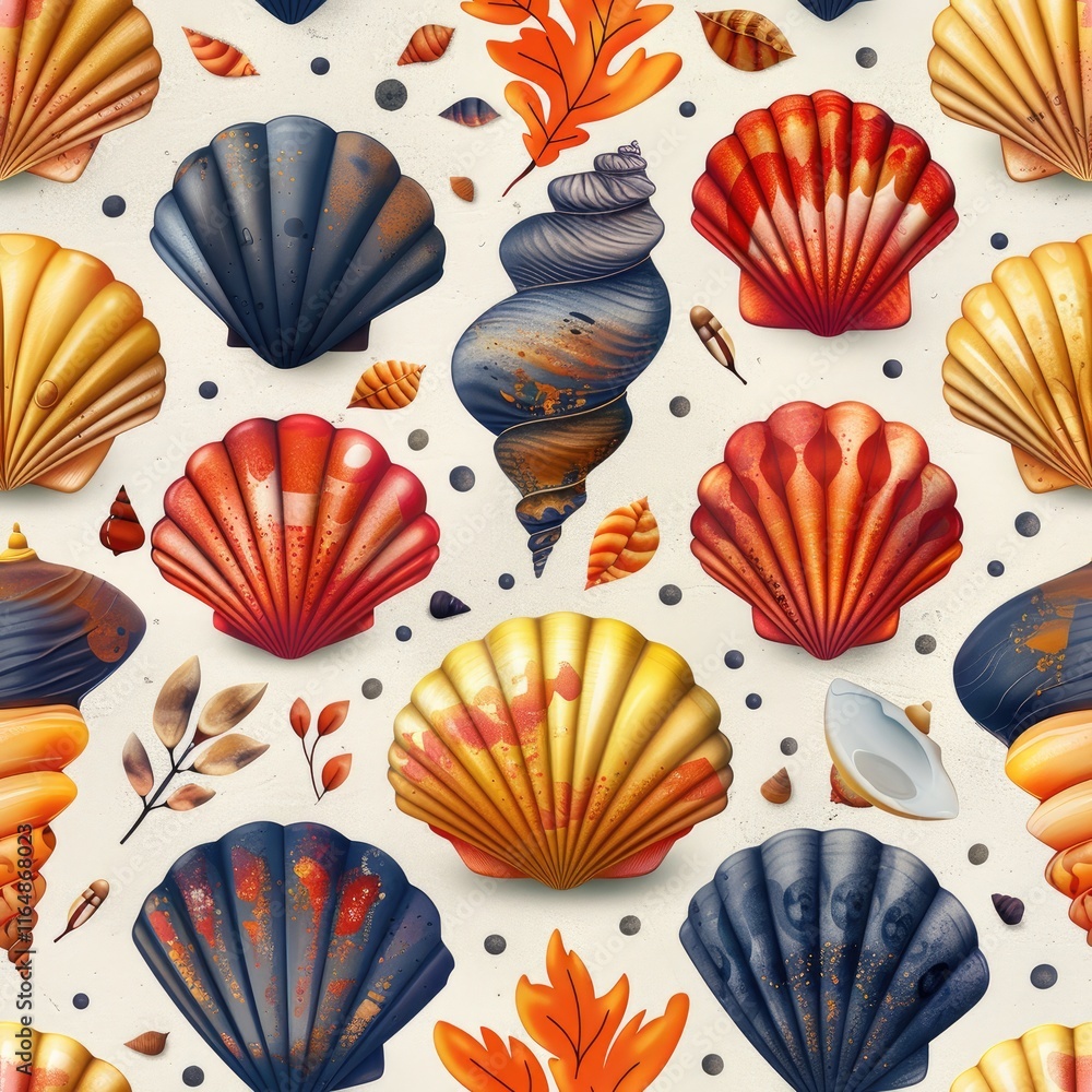 Poster a colorful pattern featuring various seashells and autumn leaves on a light background.