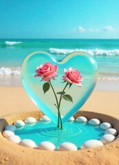 Fototapeta premium A surreal and romantic beach scene featuring a heart-shaped glass sculpture embedded in golden sand. Inside the transparent glass heart, two delicate pink roses bloom..