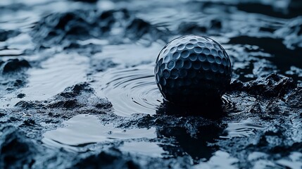 Dark golf ball in puddle, textured surface.