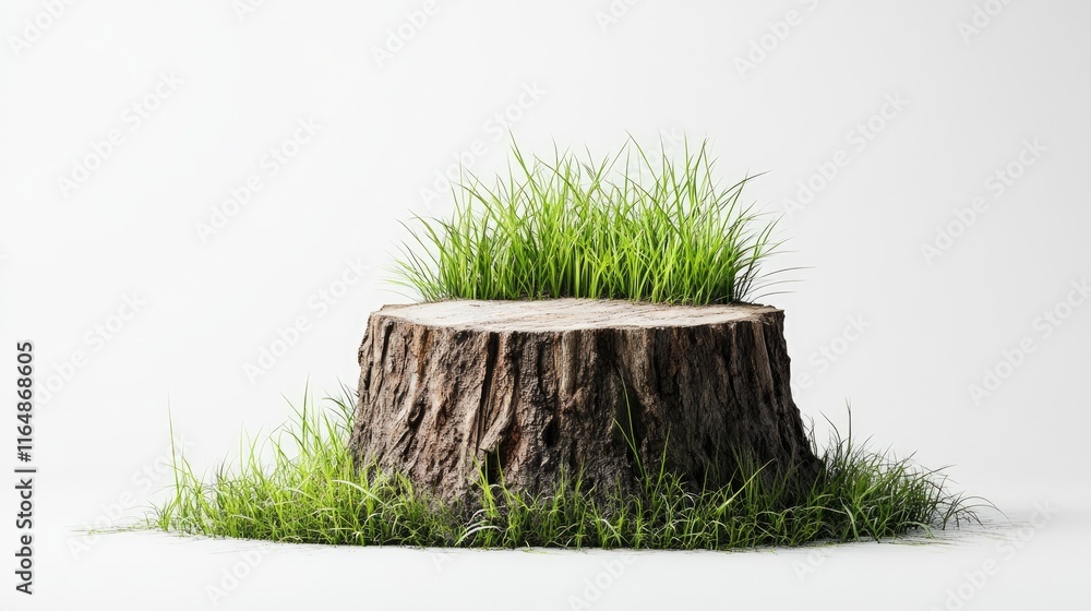 Poster A side view of a tree stump with lush grass and intricate textures, standing alone against a minimalistic white background