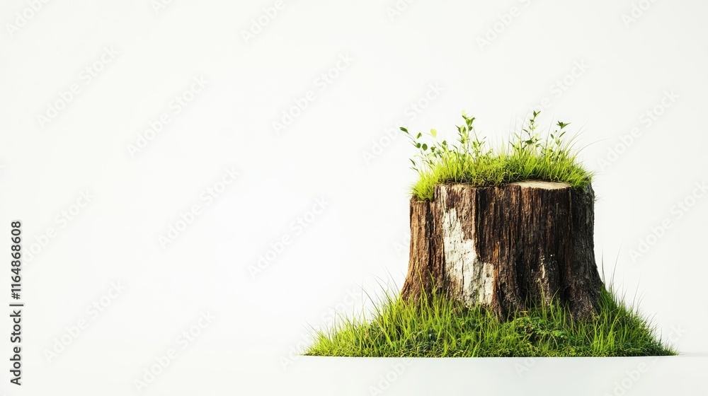 Poster A side view of a tree stump with lush grass and intricate textures, standing alone against a minimalistic white background