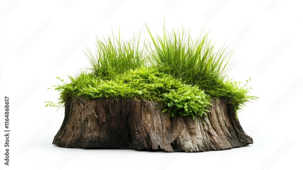 Poster A side view of a tree stump with lush grass and intricate textures, standing alone against a minimalistic white background