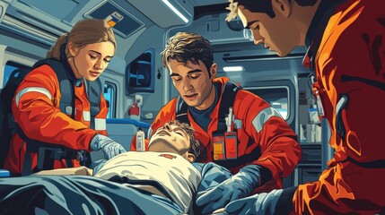 Fototapeta premium Emergency Medical Technician Performs CPR on Patient in Ambulance