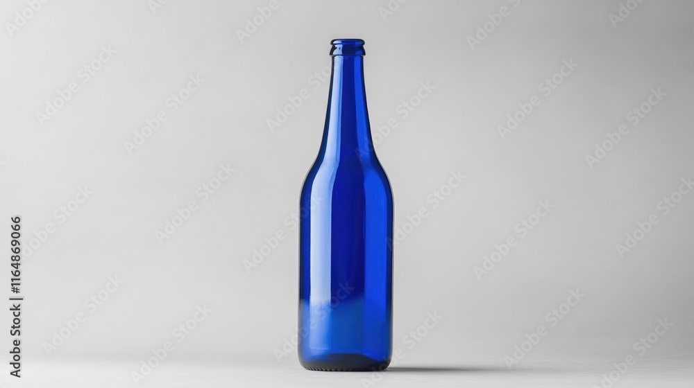 Poster a single glossy blue beer bottle with a blank label, isolated on a grey background, perfect for show