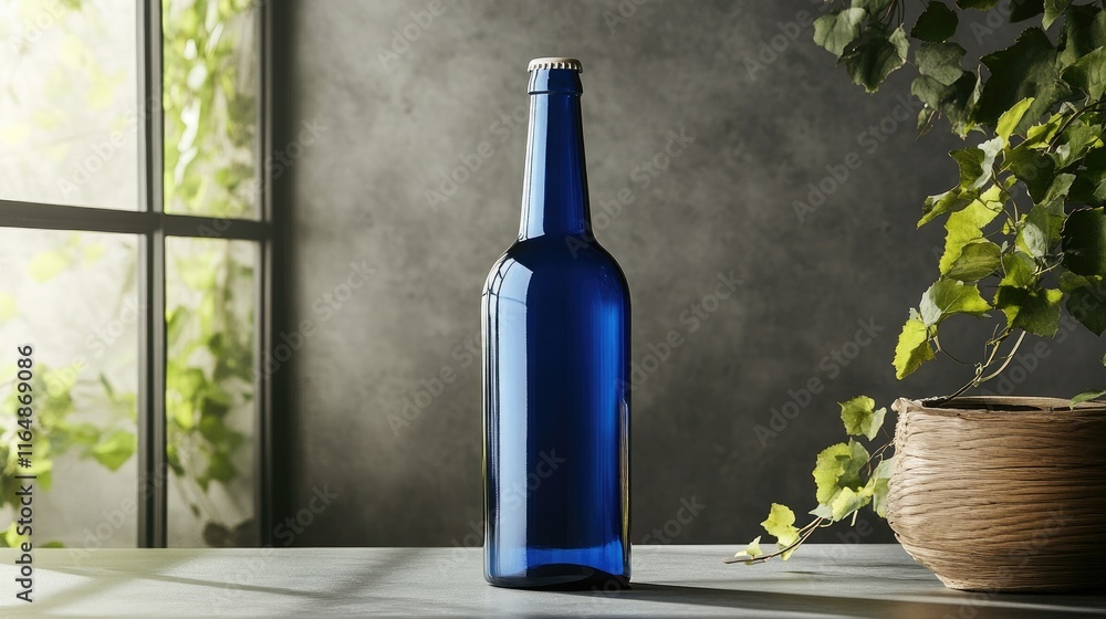 Poster a single glossy blue beer bottle with a blank label, isolated on a grey background, perfect for show