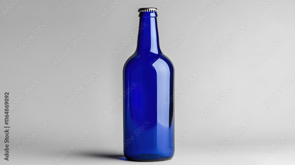 Poster a single glossy blue beer bottle with a blank label, isolated on a grey background, perfect for show