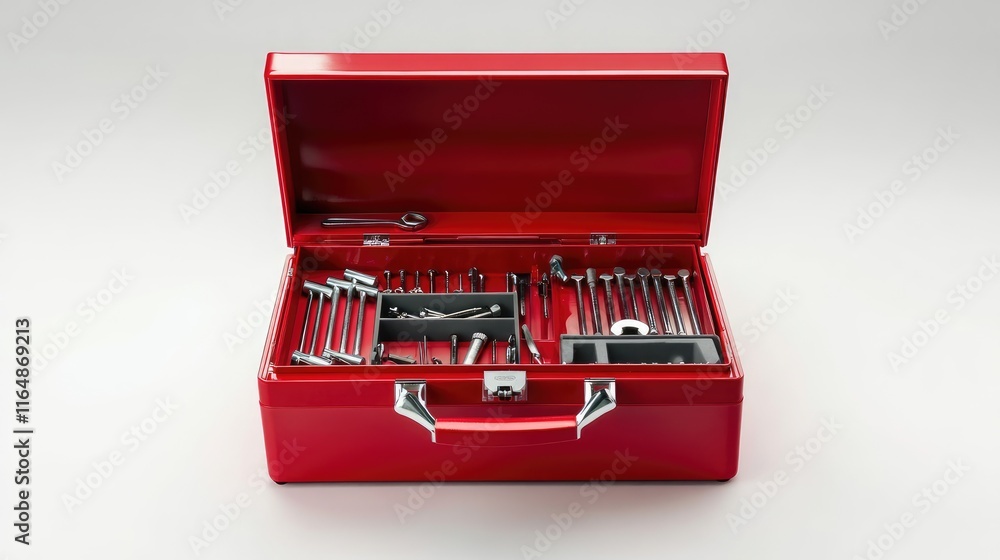 Poster A single open red toolbox with screws, nails, and essential tools visible inside, isolated on white, reflecting a simple yet efficient tool collection