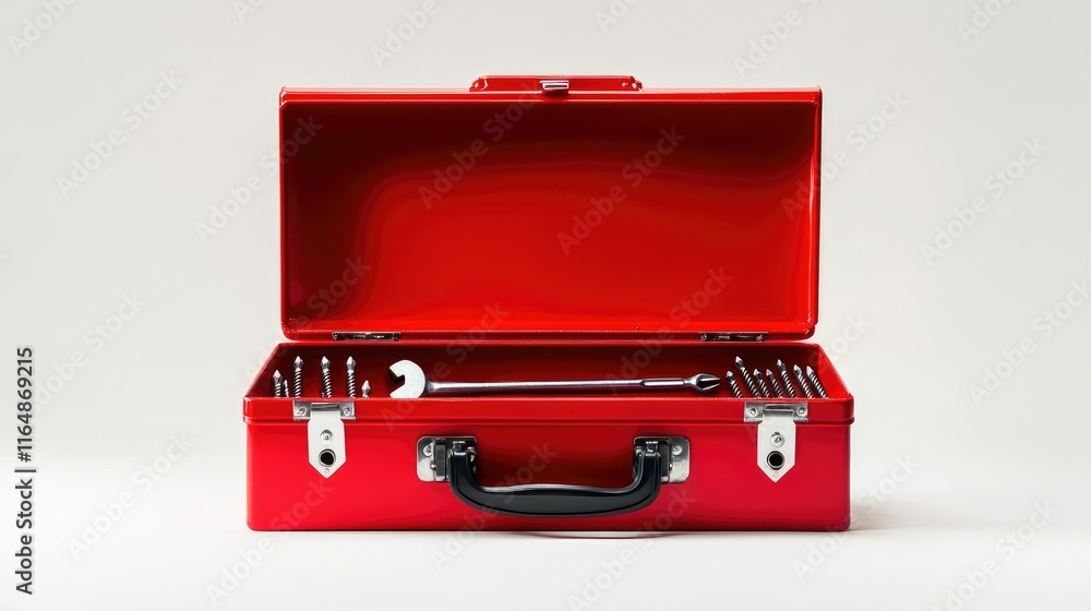Poster A single open red toolbox with screws, nails, and essential tools visible inside, isolated on white, reflecting a simple yet efficient tool collection