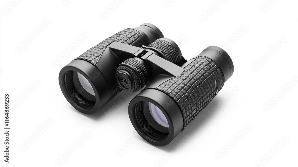 Poster a single pair of black binoculars with textured grips and adjustable focus knobs, isolated on a whit