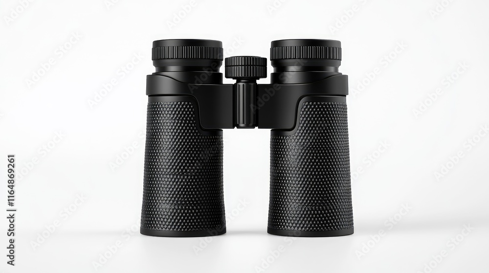 Poster a single pair of black binoculars with textured grips and adjustable focus knobs, isolated on a whit