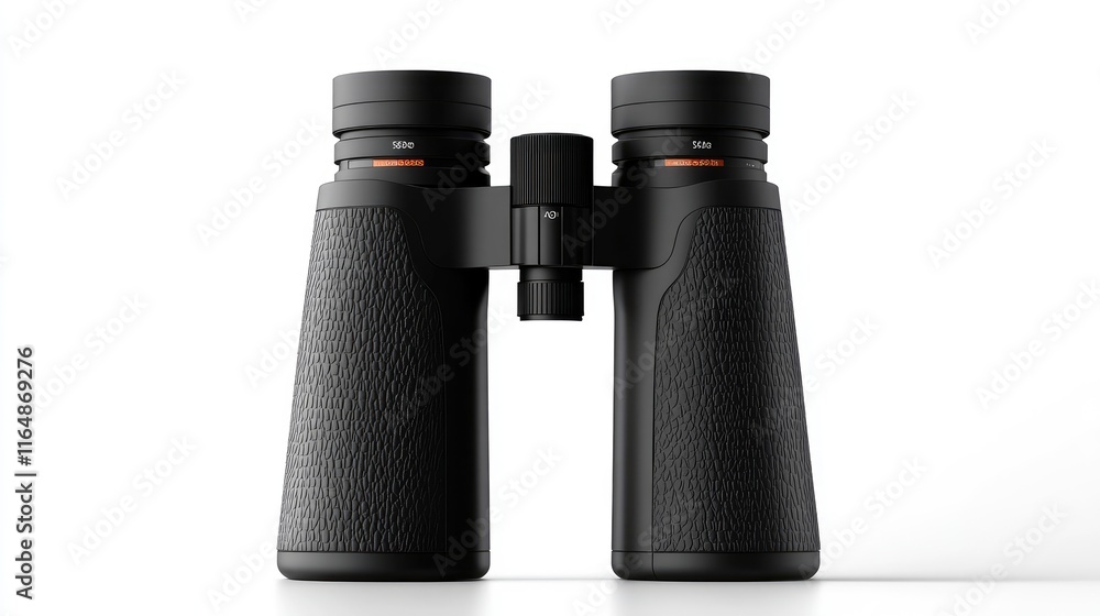 Poster A single pair of black binoculars with textured grips and adjustable focus knobs, isolated on a white background, emphasizing functionality and comfort