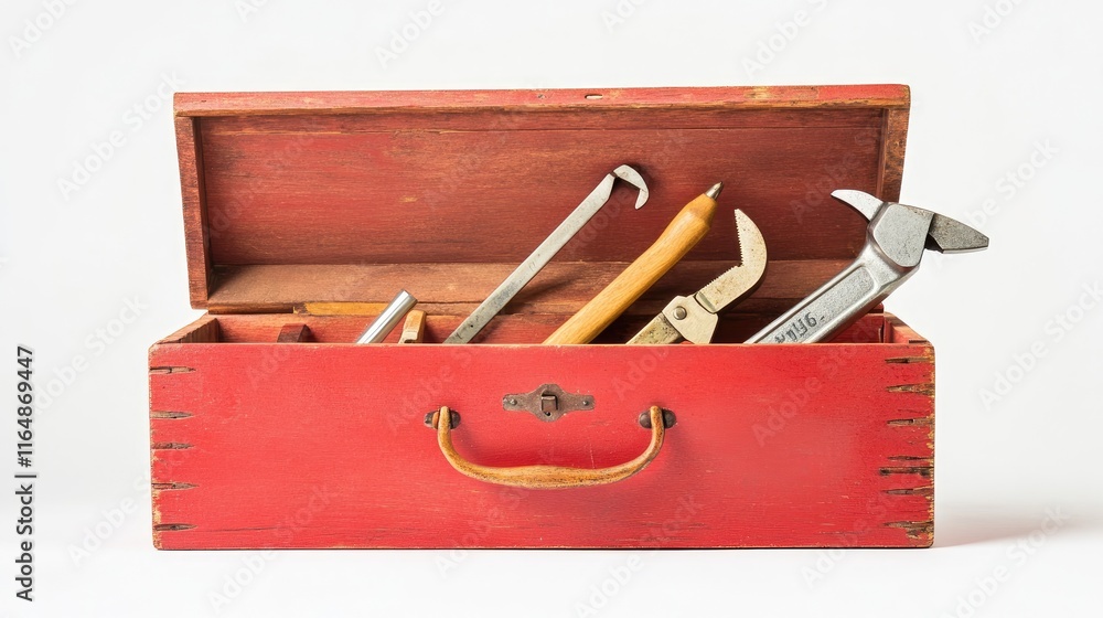 Poster A single red wooden toolbox, open and filled with essential tools, isolated on a white background, emphasizing its classic design and functionality