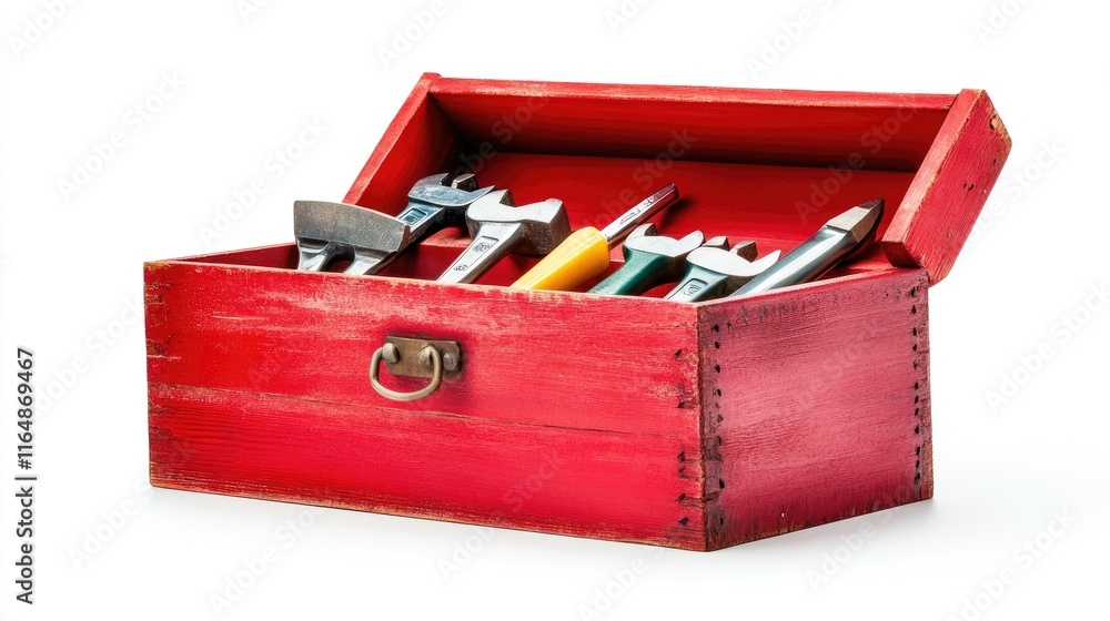 Poster A single red wooden toolbox, open and filled with essential tools, isolated on a white background, emphasizing its classic design and functionality