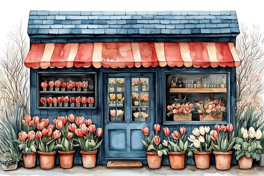Watercolor Painting of a Charming Flower Shop with Tulips in Terracotta Pots.