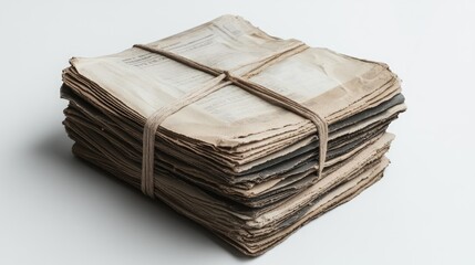 A single stack of aged newspapers, bound with a thin rope, placed on a white background, highlighting the creases and faded print for a nostalgic feel