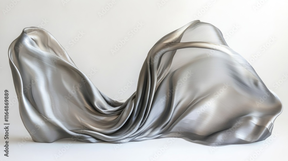 Poster A smooth, flowing streak of silver fabric on a minimalist backdrop, creating an elegant and abstract design with shimmering light reflections
