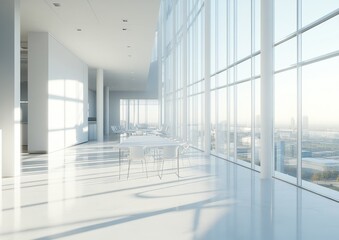 Modern white office interior with panoramic windows, sunlight streaming through, showing city view.