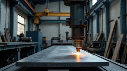 Precise industrial laser cutting machine in operation, cutting a metal sheet in a workshop setting