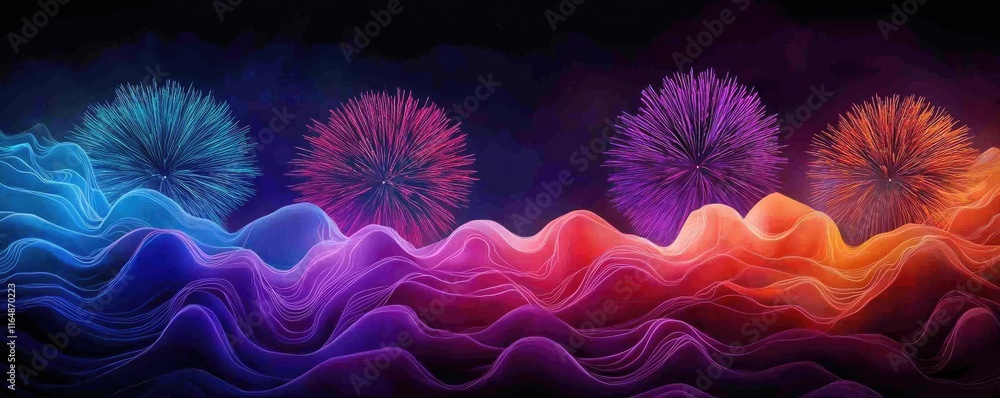 Poster fireworks abstract background idea. vibrant abstract waves and bursts of color in a stunning digital