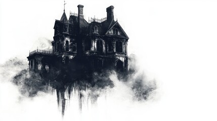 Obraz premium A spooky gothic-style haunted house with eerie features, isolated on a white background, evoking a sense of mystery and fear