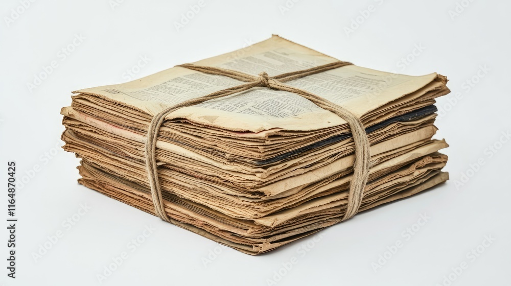 Poster a stack of vintage newspapers, bound with a thin rope and displaying creases and faded text, isolate