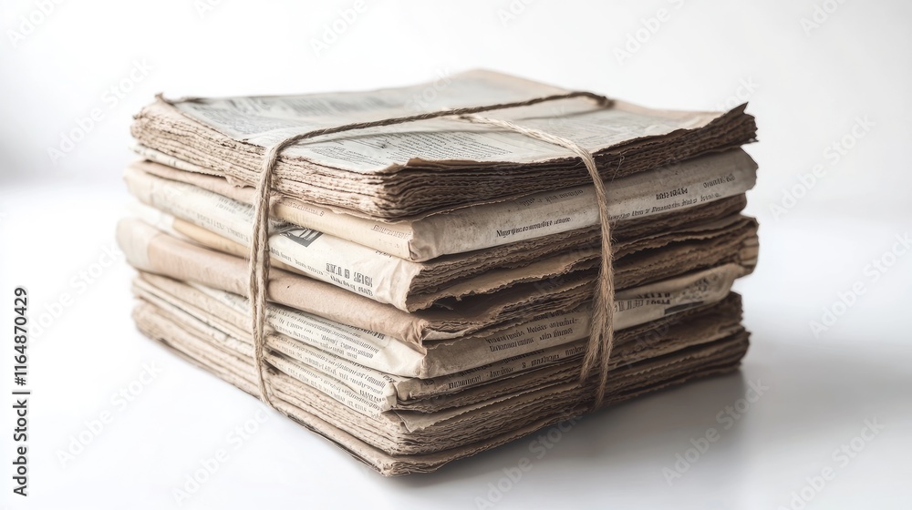 Poster A stack of vintage newspapers, bound with a thin rope and displaying creases and faded text, isolated on a white backdrop for a timeless look