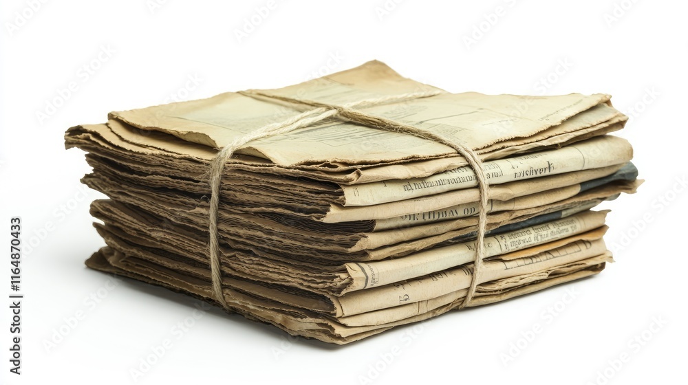 Poster a stack of vintage newspapers, bound with a thin rope and displaying creases and faded text, isolate