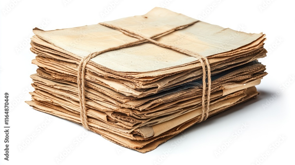 Poster A stack of vintage newspapers, bound with a thin rope and displaying creases and faded text, isolated on a white backdrop for a timeless look