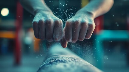 Fototapeta premium Close-up of gymnast's hands applying chalk to balance beam.