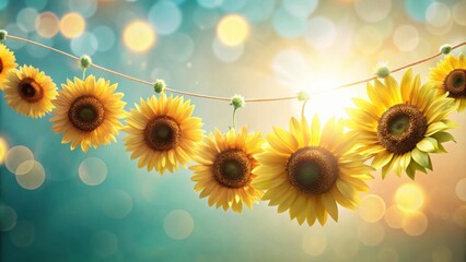 Obraz premium Sunflowers Hanging on a String in a Sunny, Bokeh Background