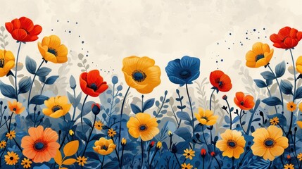 A vibrant illustration of colorful flowers in a lush garden setting.