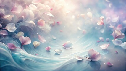 Dreamlike pastel petals dance on a flowing, ethereal surface, creating a serene and captivating visual symphony of delicate beauty