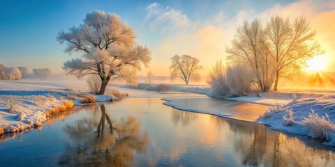 Fototapeta premium Serene Winter Sunrise Over Frosty Riverbank with Trees Reflecting in Still Water