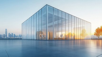 Modern minimalist style, a glass building with clear and transparent windows