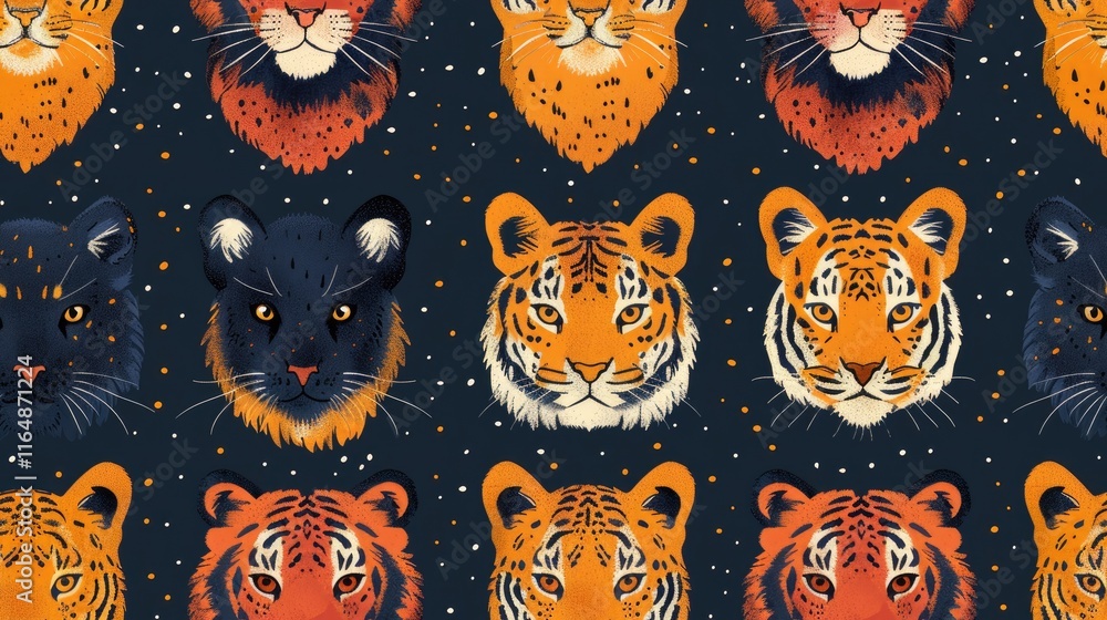 Poster a colorful pattern featuring various tiger and leopard faces on a dark background.