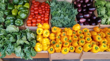 A top view of an assortment of fresh vegetables including bell peppers, tomatoes, and leafy greens, spread out on display in a vegetable shop