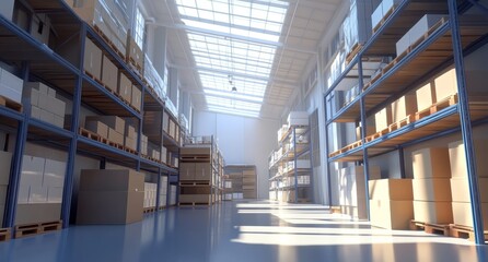 Sunlit warehouse interior with rows of stacked cardboard boxes on metal shelving.