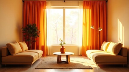 Sunlit Living Room with Orange Curtains and Tan Couches