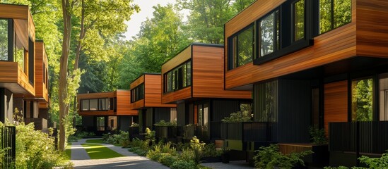 Modern wood homes in a tree-lined neighborhood.