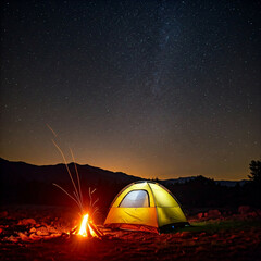 camping under a starry sky with a campfire and a yellow tent in the wilderness