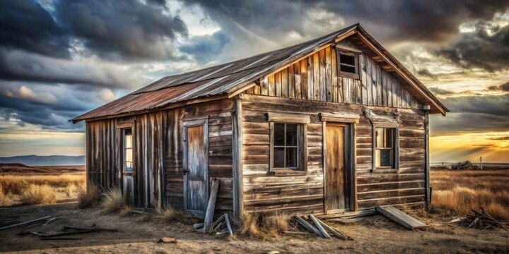 Rustic Wooden Cabin at Sunset in a Serene Grassland