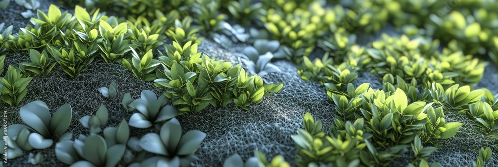Poster futuristic fusion: seamless 3d illustration of evergreen foliage blending with digital network in ca
