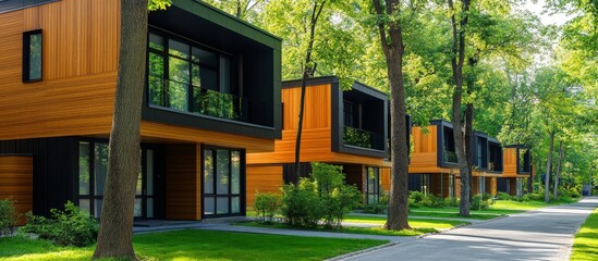 Modern wooden houses line a tree-lined street.