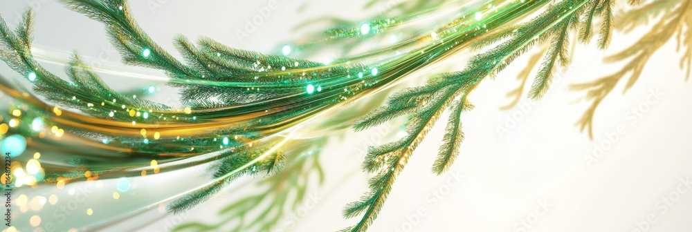 Poster digital evergreen: futuristic 3d branch entwined with glowing data streams in cartoon style on white