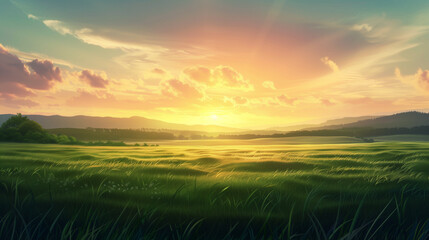 Obraz premium Serene Sunset Illustration Over Rolling Green Fields with Dramatic Cloudscape, Perfect for Nature Theme Decor and Meditation Apps