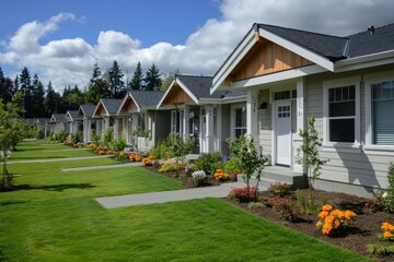 Row of new homes with landscaped lawns and flowers.