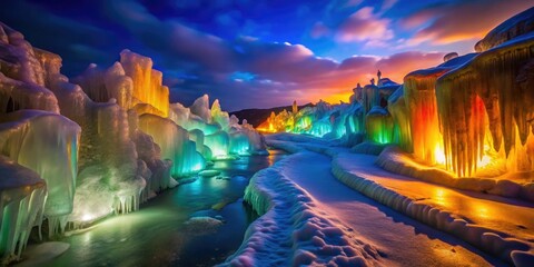 Fototapeta premium Winter wonderland: a frozen landscape illuminated, showcasing colorful ice formations along a night pathway.