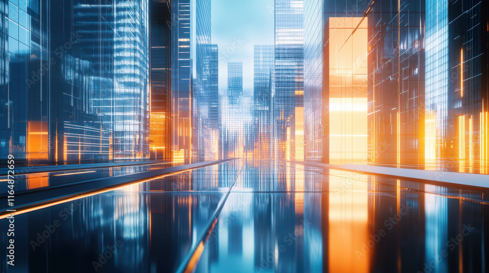 Poster modern cityscape with skyscrapers and reflections on glass, creating an abstract background for corp