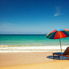 colorful beach umbrella and lounge chair on sandy beach  tropical vacation paradise  summer beach  tropical scene