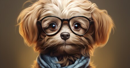 Naklejka premium A cute dog wearing glasses and a scarf, exuding a charming and intellectual vibe.